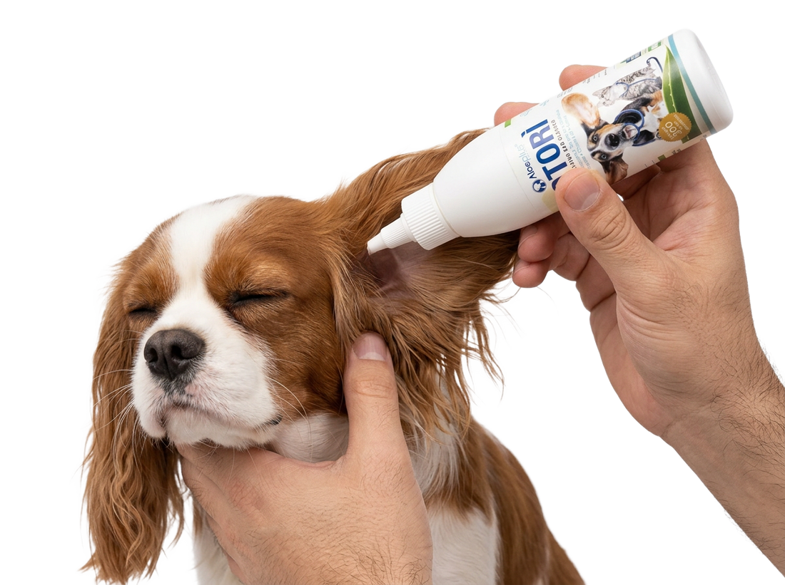 Aplicación de Aloeplus Otorì en la oreja del perro